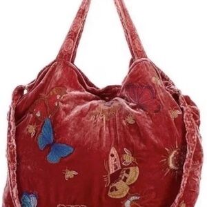 Johnny Was Burgundy Velvet Tote with Colorful Embroidery